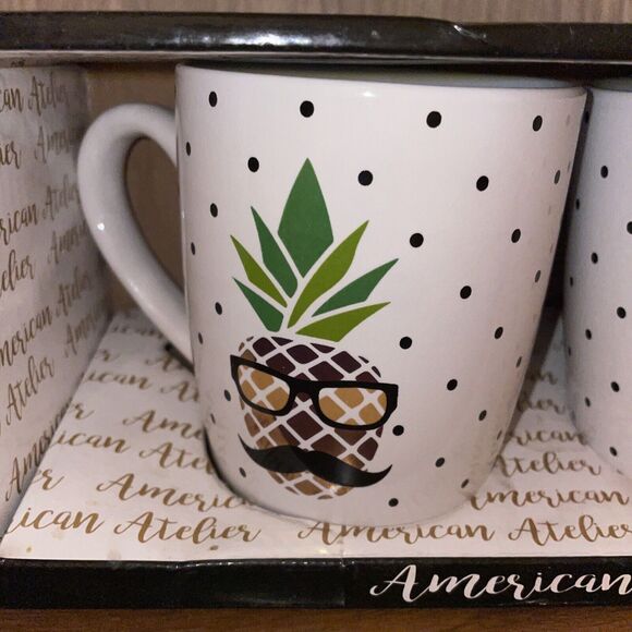 American Atelier Stoneware Coffee Mugs Mr And Mrs Pineapple Polka Dot Mugs NEW - Picture 2 of 16